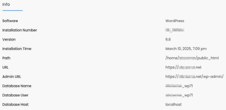 A screenshot of the database and filesystem details for a website in Softaculous.